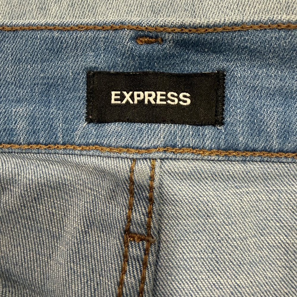 Express Midi High Rise Hyper Stretch  Blue Cutoff Shorts with Frayed Hem - Picture 3 of 4